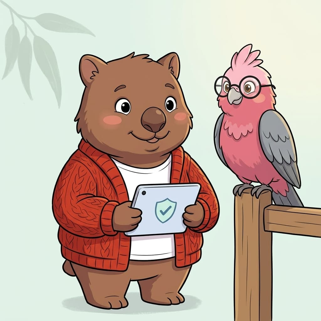 Mid-primary Tilly in her open red cardigan over white tee, holding a tablet showing a shield-with-check icon. Gabs perched on a fence post.