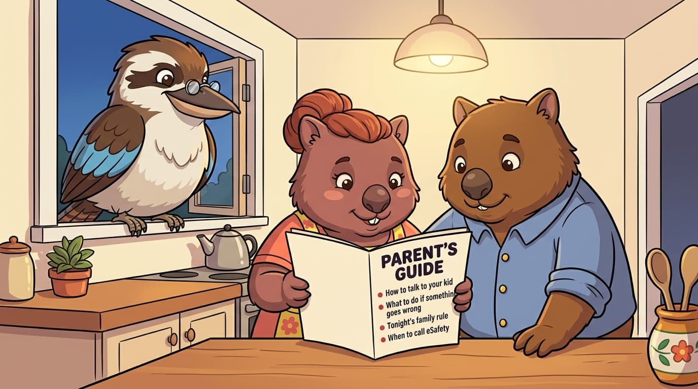 A painted-cel evening home-kitchen scene — Mum the wombat in her yellow apron holds open a printed PARENT'S GUIDE on a warm timber bench while Dad leans in beside her to read along. The guide page (facing the camera) shows the title 'PARENT'S GUIDE' and four bullet headings: how to talk to your kid, what to do if something goes wrong, tonight's family rule, when to call eSafety. Kooka the kookaburra perches in the kitchen window in the upper-left, watching with a knowing approving smile against a deep-blue dusk sky. The brand's metaphor for these guides: read it tonight, with the family.