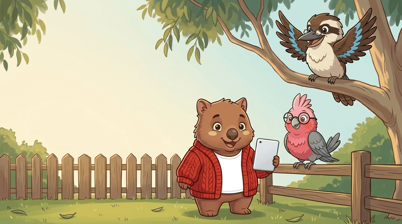 Tilly the wombat, Gabs the galah and Kooka the kookaburra in a sunny Australian backyard — welcome to Kookabytes