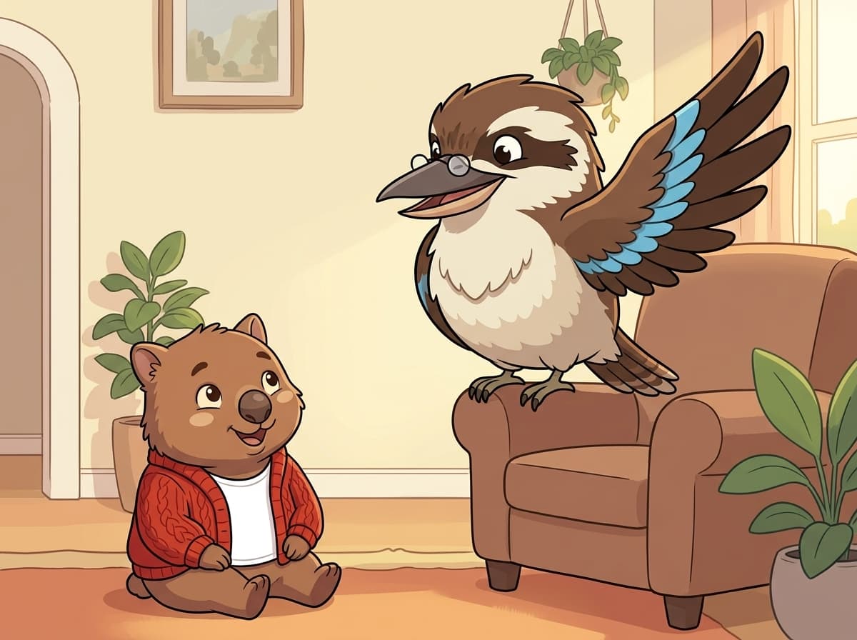Tilly listening to Kooka the kookaburra tell a story in a cosy lounge