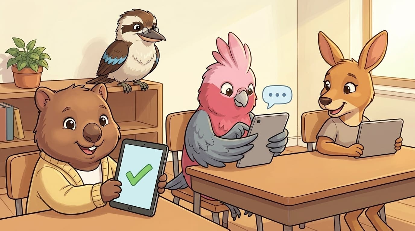 A painted-cel classroom scene of three anthro-animal kids (wombat in a pale-yellow cardigan, galah, and kangaroo) seated at a shared desk being confident and savvy with their tablets — wombat-kid showing a green checkmark on her tablet, galah-kid mid-tap on a chat screen, kangaroo-kid with her tablet face-down on the desk. Kooka the kookaburra perched on a low bookshelf in the background watching them work.